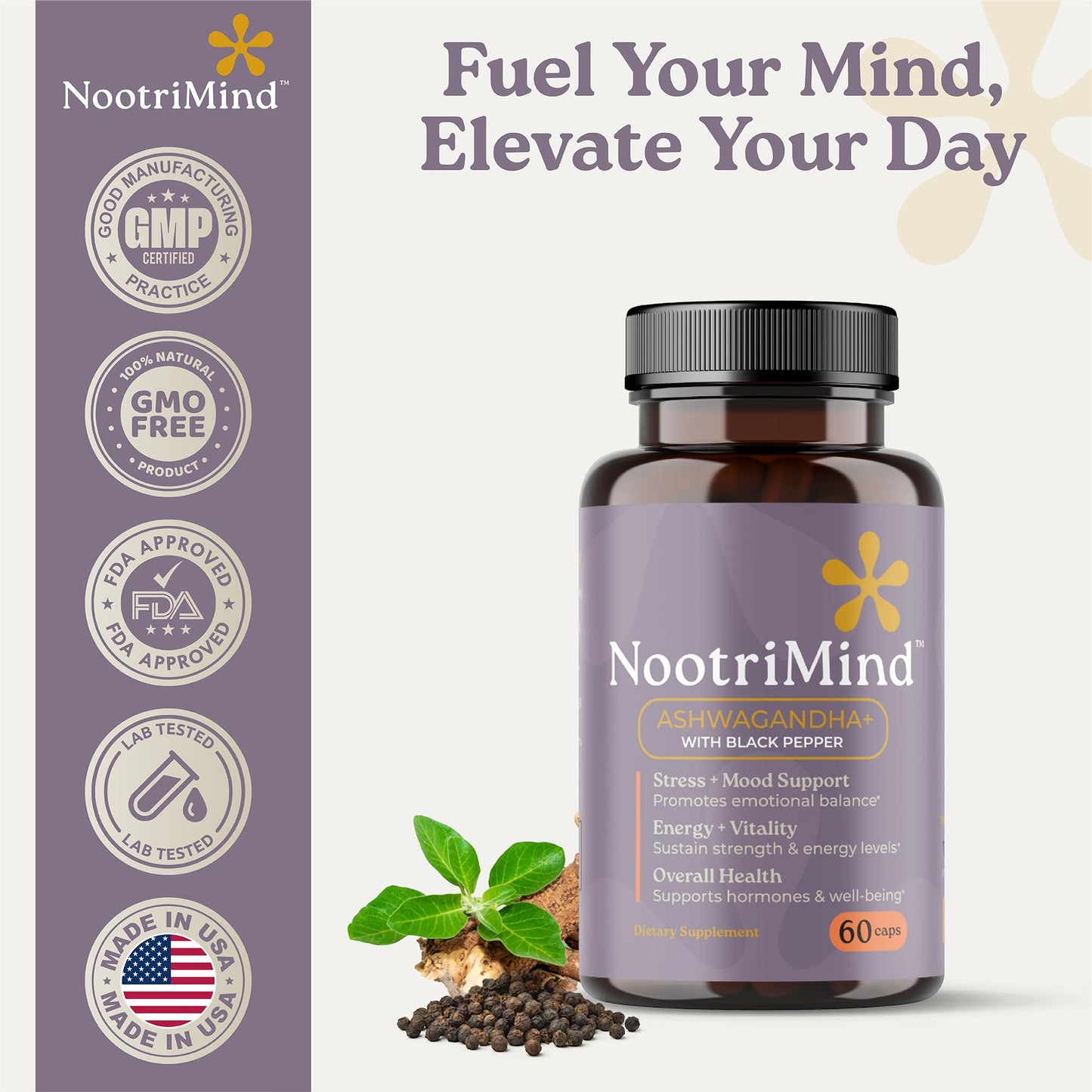 nootrimind Organic Ashwagandha Extra Strength – Stress, Mood & Energy Support with Black Pepper | 60 Capsules | Non-GMO, Vegan, Gluten Free