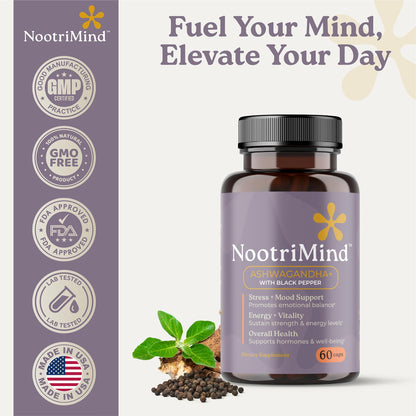 nootrimind Organic Ashwagandha Extra Strength – Stress, Mood & Energy Support with Black Pepper | 60 Capsules | Non-GMO, Vegan, Gluten Free