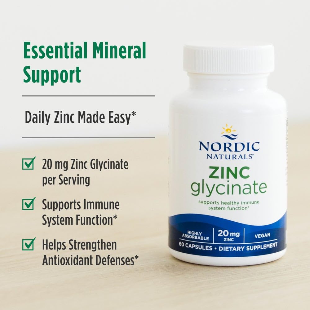 Nordic Naturals Zinc Glycinate – 60 Capsules, 20 mg Chelated Zinc | Non-GMO, Gluten Free, Vegan