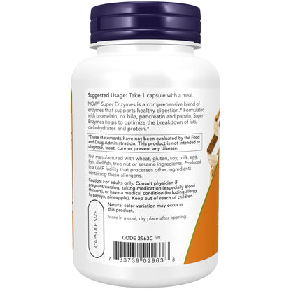 NOW Supplements Super Enzymes 90 Capsules – Bromelain, Ox Bile, Pancreatin & Papain