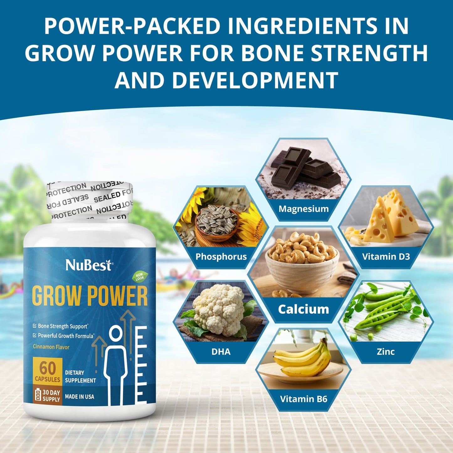 NuBest Grow Power: Calcium & Magnesium with Vitamin D3, B6, Zinc | Strong Bones for Ages 10+ | Pack 3