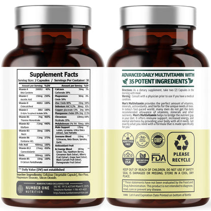 Number One Nutrition Premium Men's Daily Multivitamin - Gluten Free, Non-GMO, 60 Veg Caps