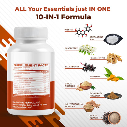 Nurafuse Fisetin 10-in-1 Formula – Spermidine, Quercetin, Resveratrol, Elderberry, Turmeric | Non-GMO, Gluten-Free, Soy-Free