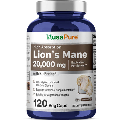 NusaPure Lion's Mane 20:1 Extract - 120 Veggie Caps | Organic, Gluten Free