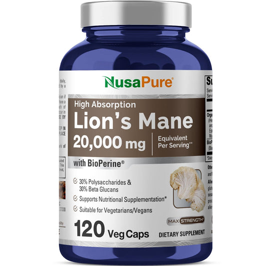 NusaPure Lion's Mane مستخلص بنسبة 20:1 - 120 كبسولة نباتية | عضوي، خالٍ من الجلوتين