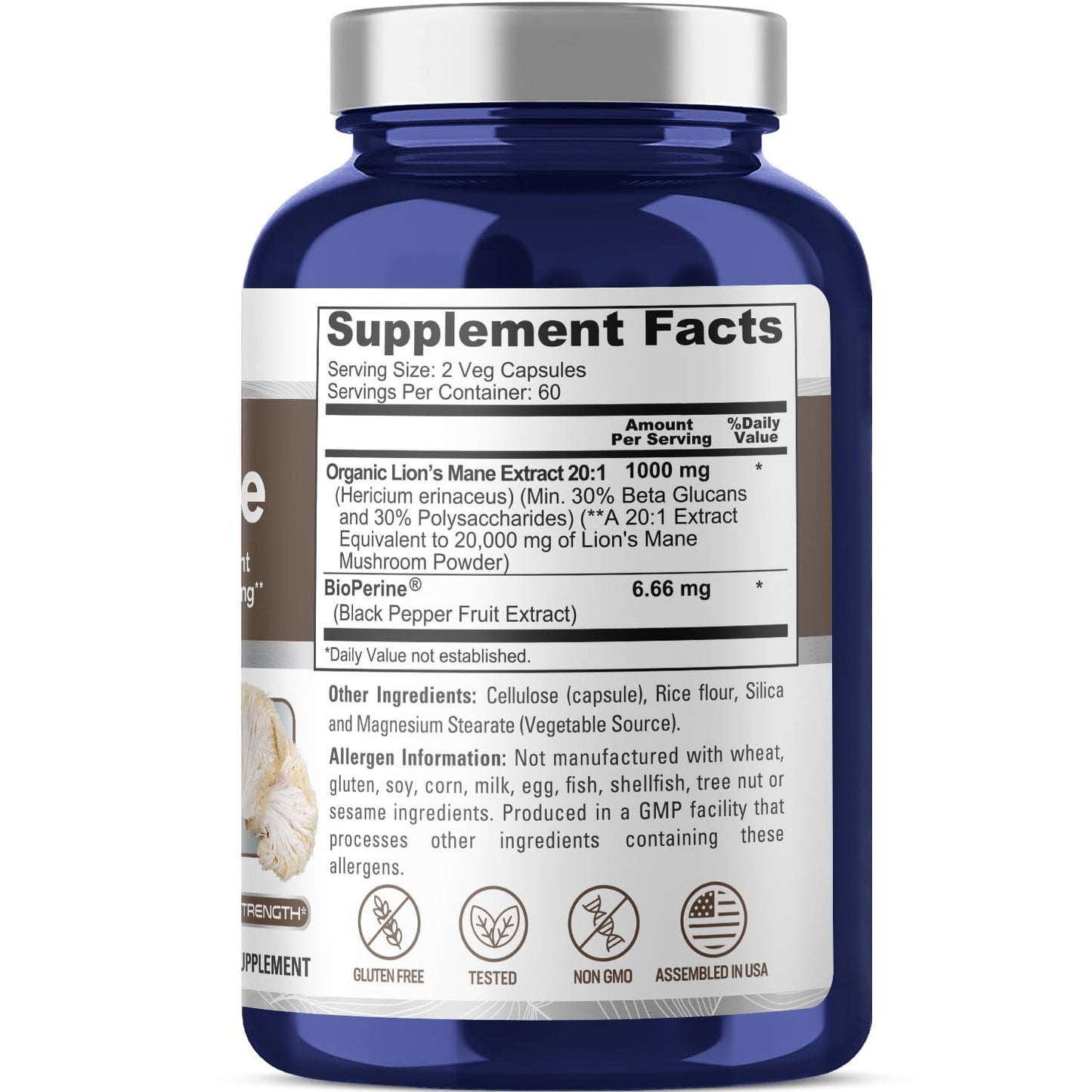 NusaPure Lion's Mane 20:1 Extract - 120 Veggie Caps | Organic, Gluten Free