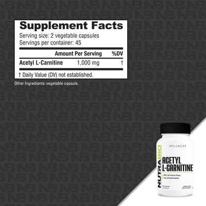 NutraBio Acetyl L-Carnitine (ALCAR) Supplement 500mg - 90 Capsules | Natural Energy Production & Metabolic Support