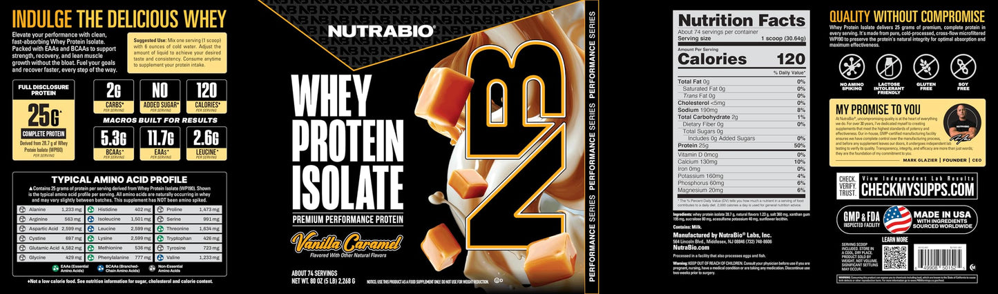 NutraBio 100% Whey Protein Isolate – 25g Protein, Complete Amino Acid Profile, Non-GMO, Soy & Gluten Free, Low Carb, Vanilla Caramel, 5 Lbs