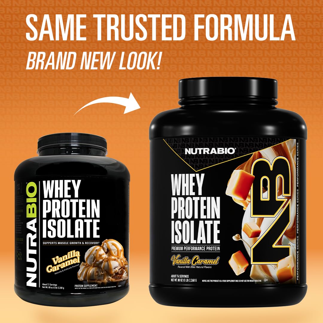 NutraBio 100% Whey Protein Isolate – 25g Protein, Complete Amino Acid Profile, Non-GMO, Soy & Gluten Free, Low Carb, Vanilla Caramel, 5 Lbs