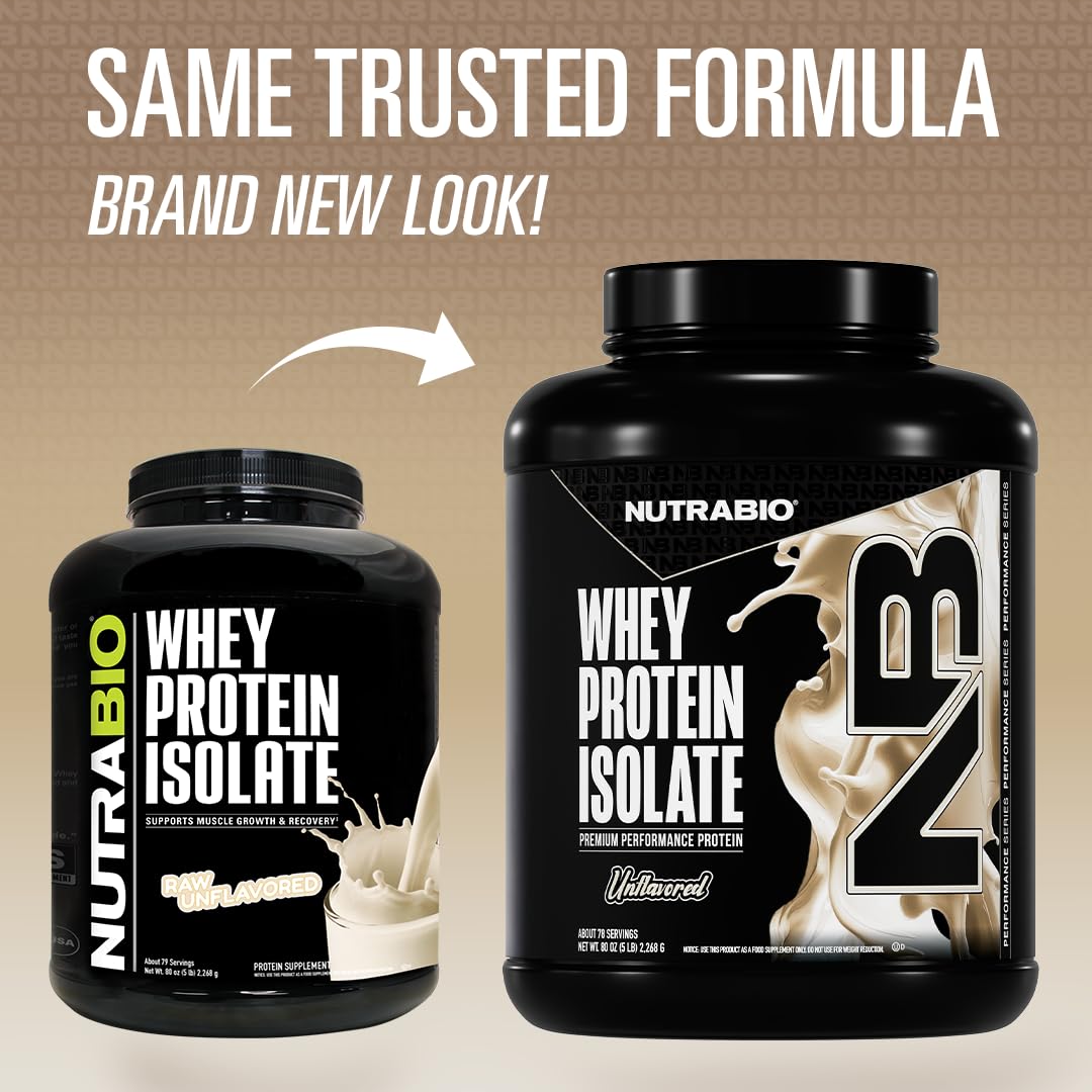NutraBio 100% Whey Isolate Protein Powder – 25g Protein per Serving, Non-GMO, Gluten & Soy Free, Low Carb & Low Calorie, 5 Lbs (Raw Unflavored)