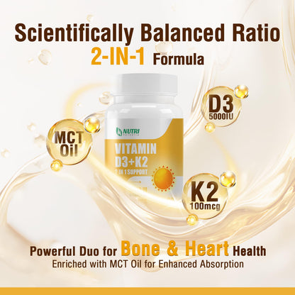 NUTRI POTENTIA Vitamin D3 K2 Softgels with MCT Oil - D3 5000 IU, K2 100 mcg MK-7, Gluten Free | 90 Count