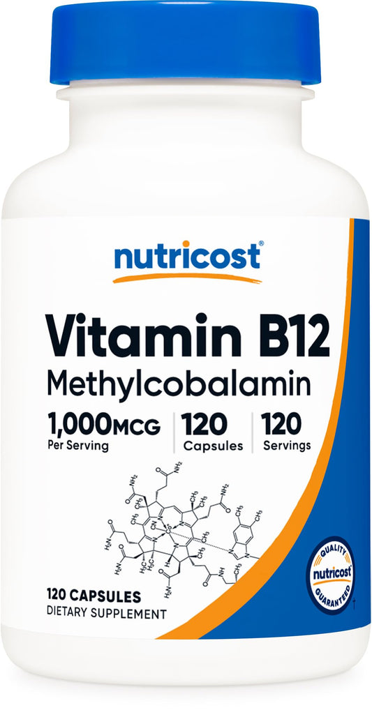 فيتامين ب12 (ميثيل كوبالامين) من Nutricost بتركيز 1000 ميكروجرام - 120 كبسولة، نباتي، غير معدل وراثيًا وخالي من الجلوتين