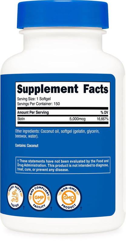 Nutricost Biotin 5,000mcg – 150 Softgels | Vitamin B7, Gluten Free, Non-GMO
