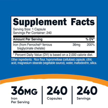 Nutricost Chelated Iron (Ferrochel) 36mg – 240 Capsules