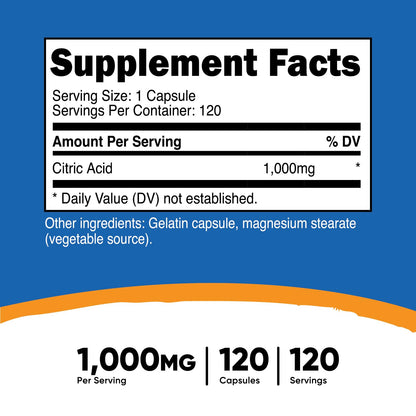 Nutricost Citric Acid 1000mg (1g) - 120 Capsules - Gluten Free, Non-GMO