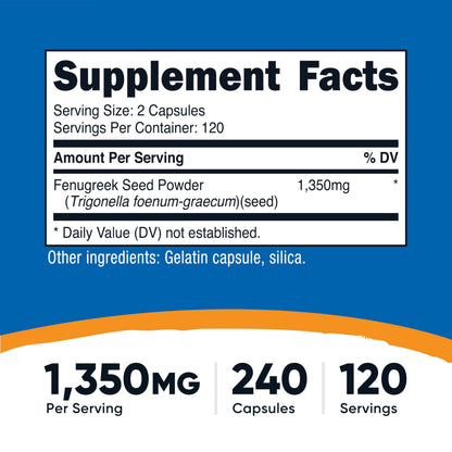 Nutricost Fenugreek Seed 1350mg - 240 Capsules | Gluten Free, Non-GMO, 675mg Per Capsule