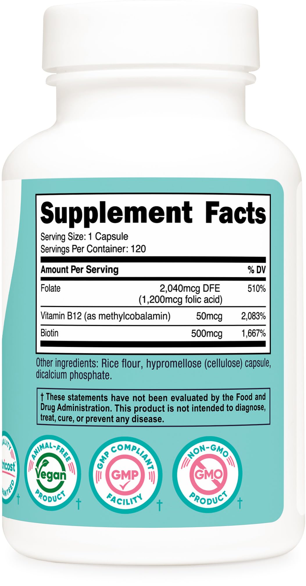 Nutricost Folic Acid for Women 1200 mcg – 120 Veggie Caps, B12 & Biotin | Non-GMO, Gluten Free