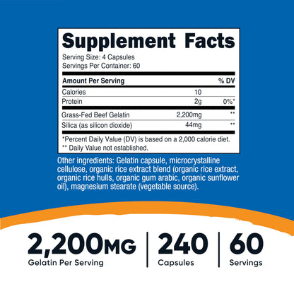 Nutricost Gelatin with Silica (2,200mg) – Grass-Fed Beef Gelatin, Gluten-Free, 60 Servings