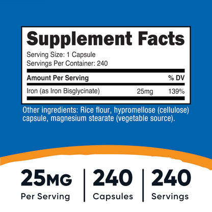 Nutricost Iron Bisglycinate 25mg - 240 Capsules | Ferrous Bisglycinate Chelate, Non-GMO, Gluten-Free