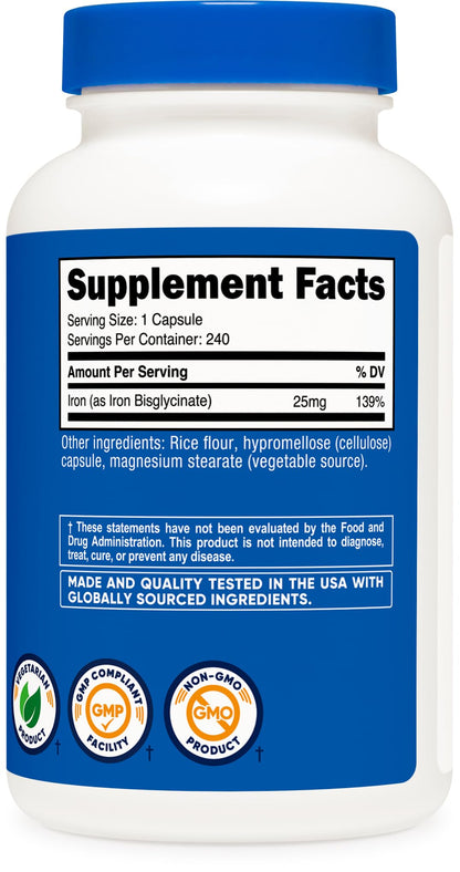 Nutricost Iron Bisglycinate 25mg - 240 Capsules | Ferrous Bisglycinate Chelate, Non-GMO, Gluten-Free