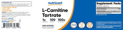 Nutricost L-Carnitine Tartrate Powder 100 g - 1 g per Serving, 100 Servings