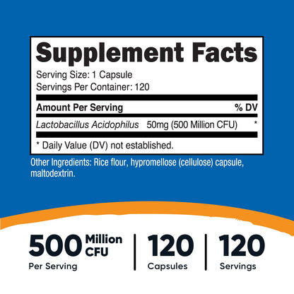 Nutricost Lactobacillus Acidophilus 500 Million CFU – 120 Capsules