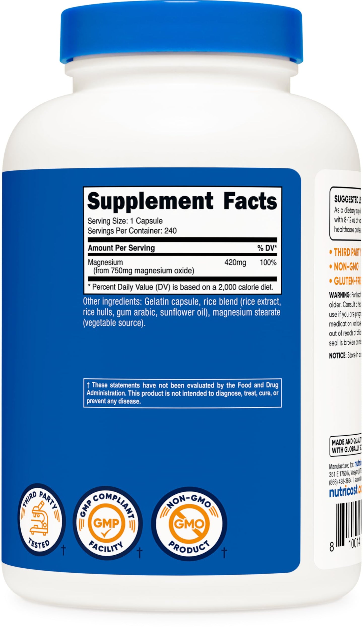 Nutricost Magnesium Oxide 750mg | 420mg Magnesium per Serving | 240 Capsules