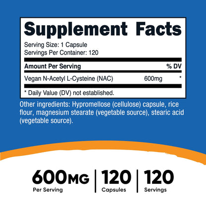 Nutricost N-Acetyl L-Cysteine (NAC) 600mg - 120 Vegan Capsules | Non-GMO, Gluten Free