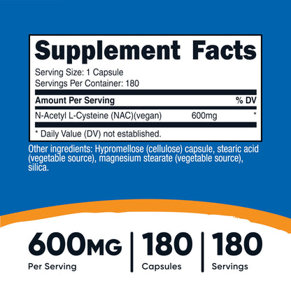 Nutricost N-Acetyl L-Cysteine (NAC) 600mg – 180 Capsules | Non-GMO, Gluten Free