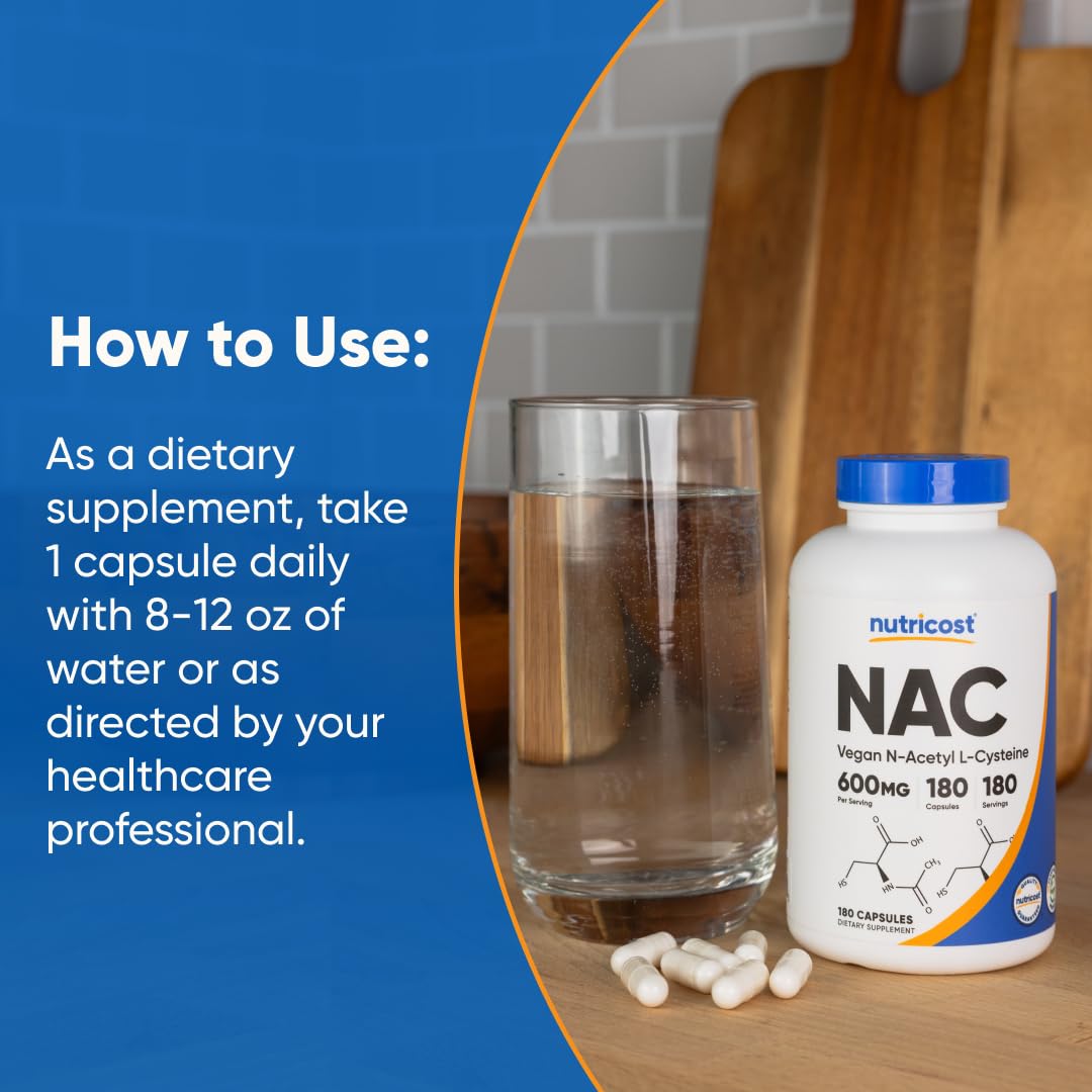 Nutricost N-Acetyl L-Cysteine (NAC) 600mg – 180 Capsules | Non-GMO, Gluten Free