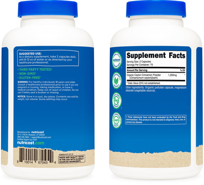 Nutricost Organic Cinnamon (Ceylon) 1200mg – 150 Veg Capsules | Gluten Free & Non-GMO