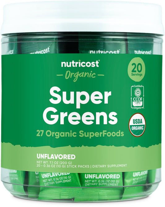 Nutricost Organic Super Greens (بدون نكهة) – 20 كيس | خالٍ من الغلوتين، غير معدل وراثيًا