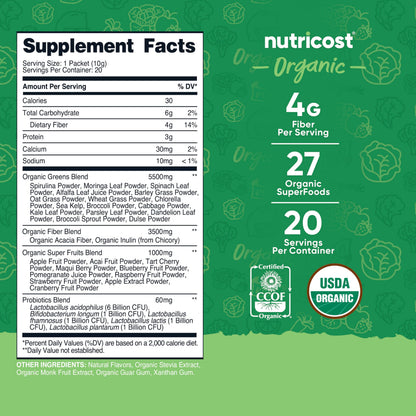 Nutricost Organic Super Greens (Unflavored) – 20 Stick Packs | Gluten-Free, Non-GMO