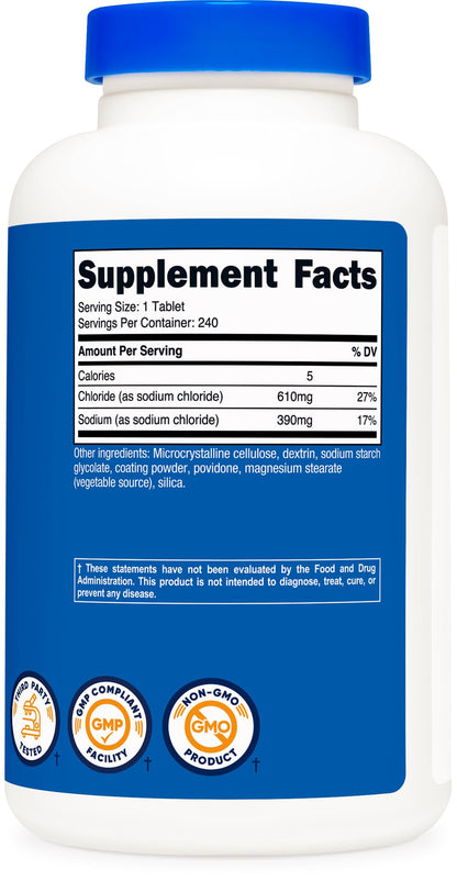 Nutricost Sodium Chloride 1000mg, 240 Tablets  Salt Tablets, Non-GMO, Gluten Free