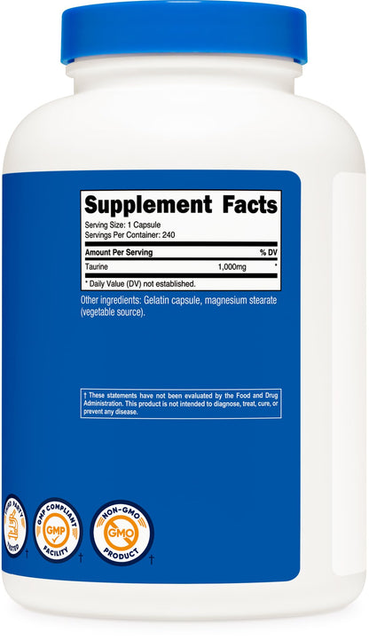 Nutricost Taurine 1000mg Capsules – 240 Count, Non-GMO & Gluten Free