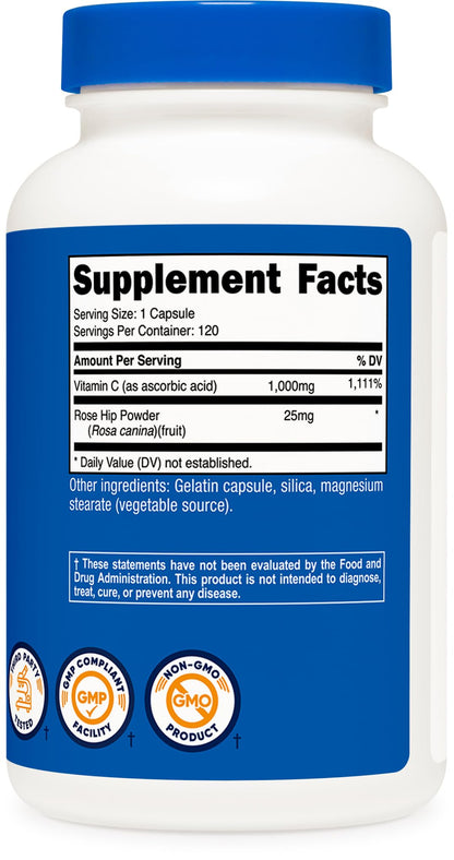 Nutricost Vitamin C with Rose Hips 1025mg – 120 Capsules | Vitamin C 1000mg + Rose Hips 25mg | Non-GMO, Gluten Free