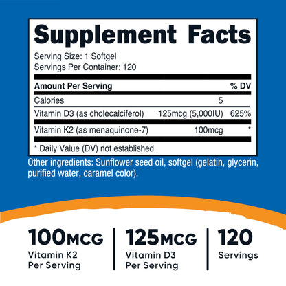 Nutricost Vitamin K2 MK7 100 mcg + Vitamin D3 5000 IU | 120 Softgels | Gluten Free, Non-GMO