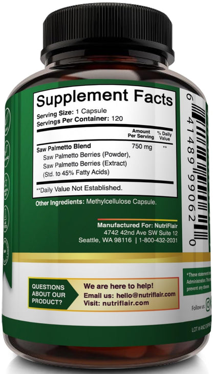 NutriFlair Saw Palmetto 750mg – Prostate Health & Hair Support (120 Capsules)