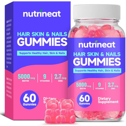 NutriNeat Hair Skin and Nails Gummies with Biotin 5000 mcg, Zinc & Vitamins (60 Gummies) | Hair Growth & Nail Support