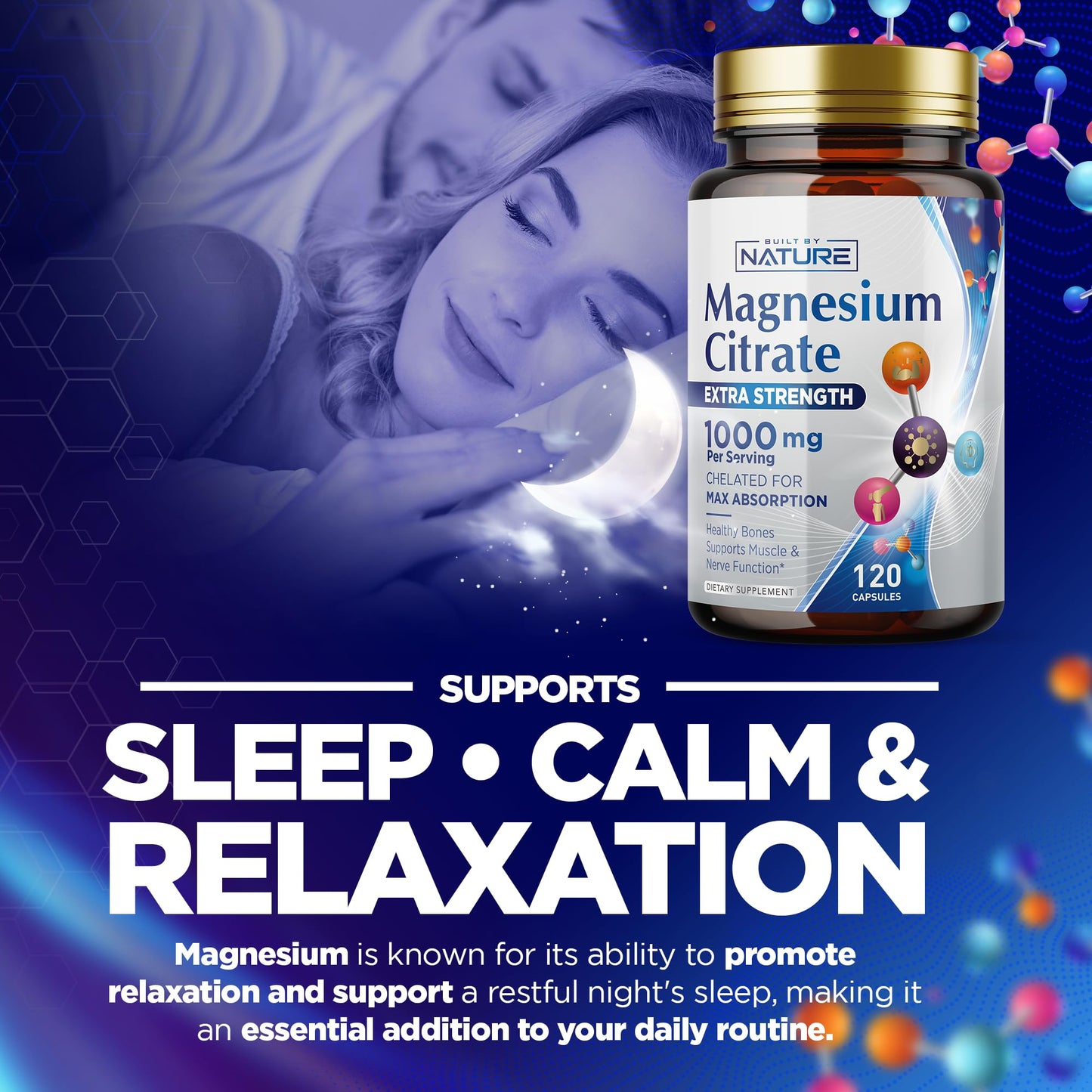 Magnesium Citrate 1000mg - High Absorption Magnesium Complex for Heart, Muscle, Nerve, Bone Health | Vegan, Non-GMO, Gluten-Free - 120 Capsules