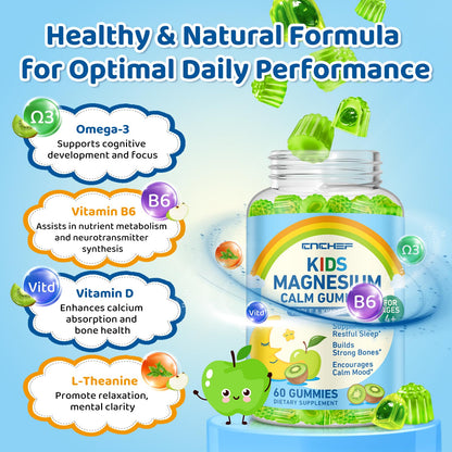 Center-Filled Magnesium Gummies for Kids 300MG - Magnesium Glycinate Gummies with L-theanine, Omega-3, Vitamin B6, D for Kids & Adults, Sleep, Calm & Muscle Relaxation - Apple & Kiwi