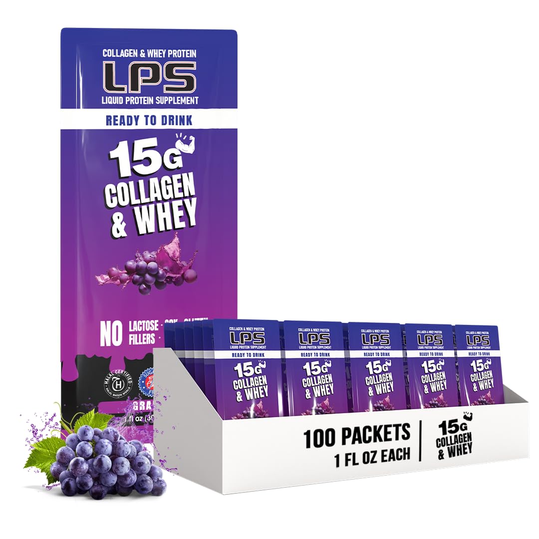 Nutritional Designs LPS Liquid Collagen & Whey Protein Supplement - Non-GMO, Sugar-Free, Grape, 100 Packets