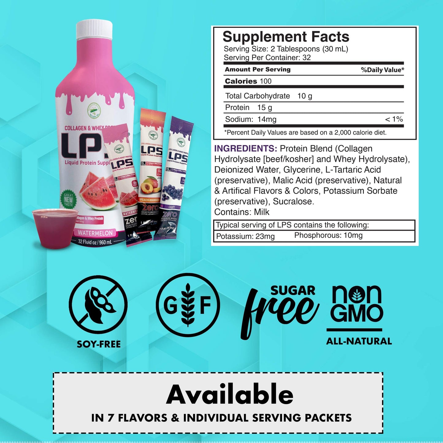 Nutritional Designs LPS Liquid Collagen & Whey Protein Supplement - Non-GMO, Sugar-Free, Grape, 100 Packets