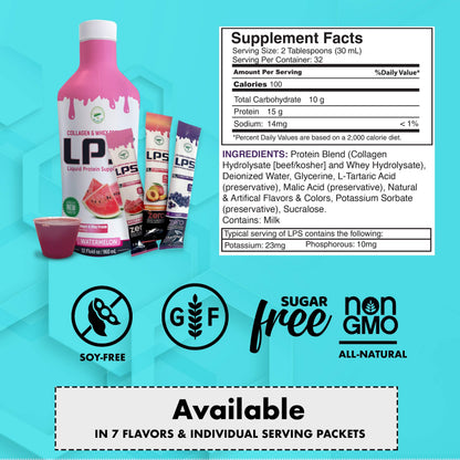 Nutritional Designs LPS Liquid Collagen & Whey Protein Supplement - Non-GMO, Sugar-Free, Grape, 100 Packets