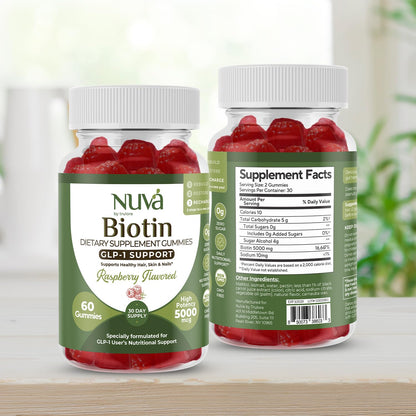 NuVa by Trulore Biotin Gummies 5000 mcg | GLP-1 Support for Hair, Skin & Nails | Vegan, Zero Sugar | Raspberry Flavor | 60 Gummies