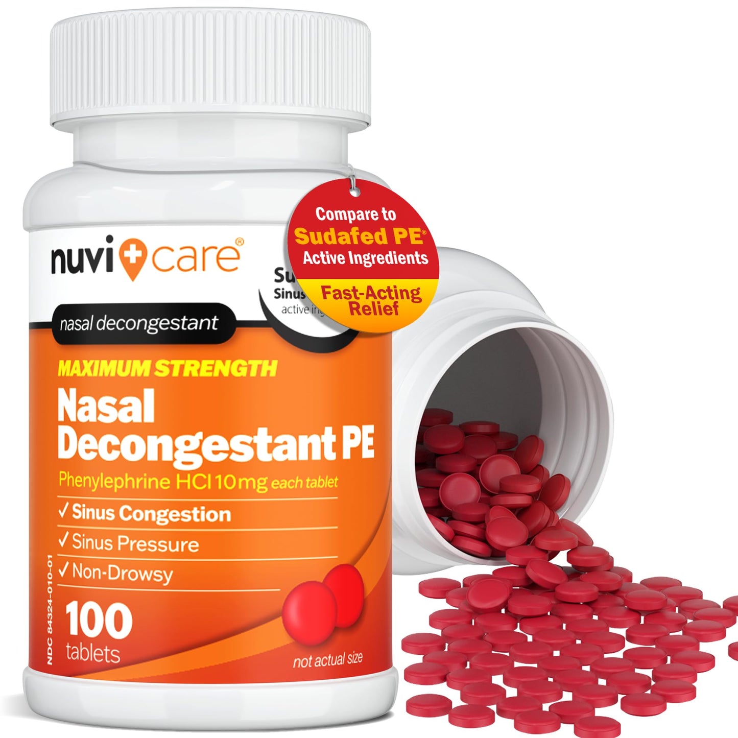 NUVICARE Max Strength PE Phenylephrine HCl 10mg Non-Drowsy Nasal Decongestant - 100 Count