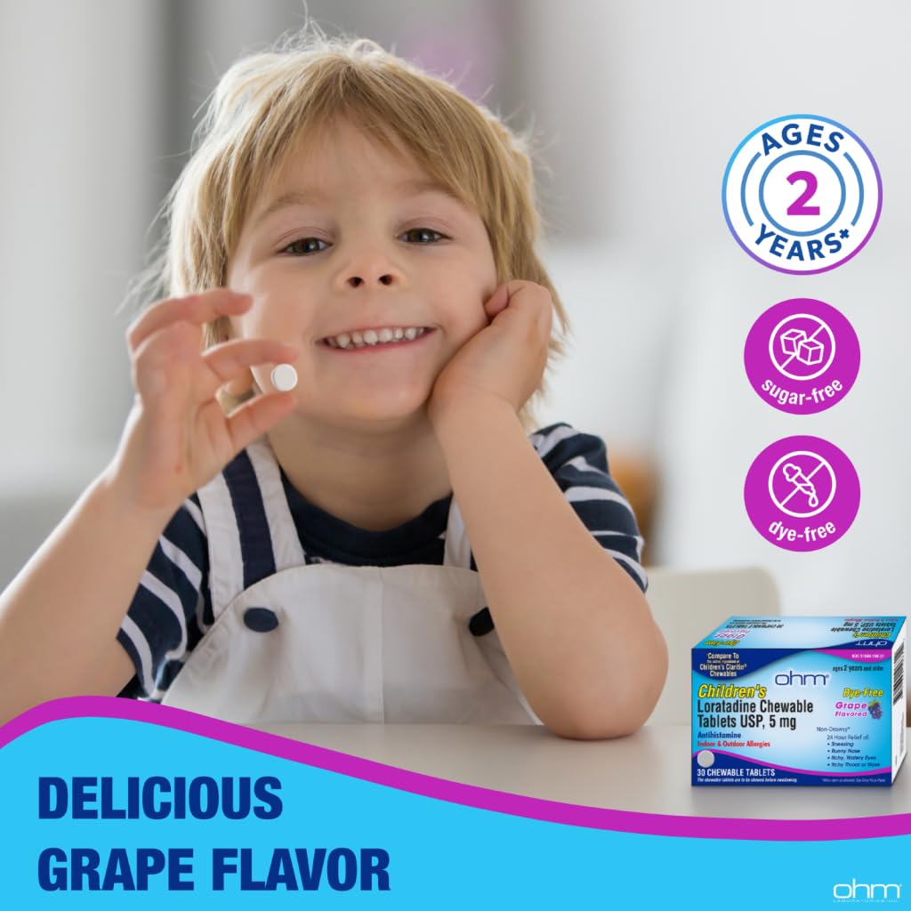 Ohm Children's Allergy Medicine Loratadine 5 mg Chewable Tablets – Grape Flavor, Non-Drowsy, 24-Hour Relief (30 Count)