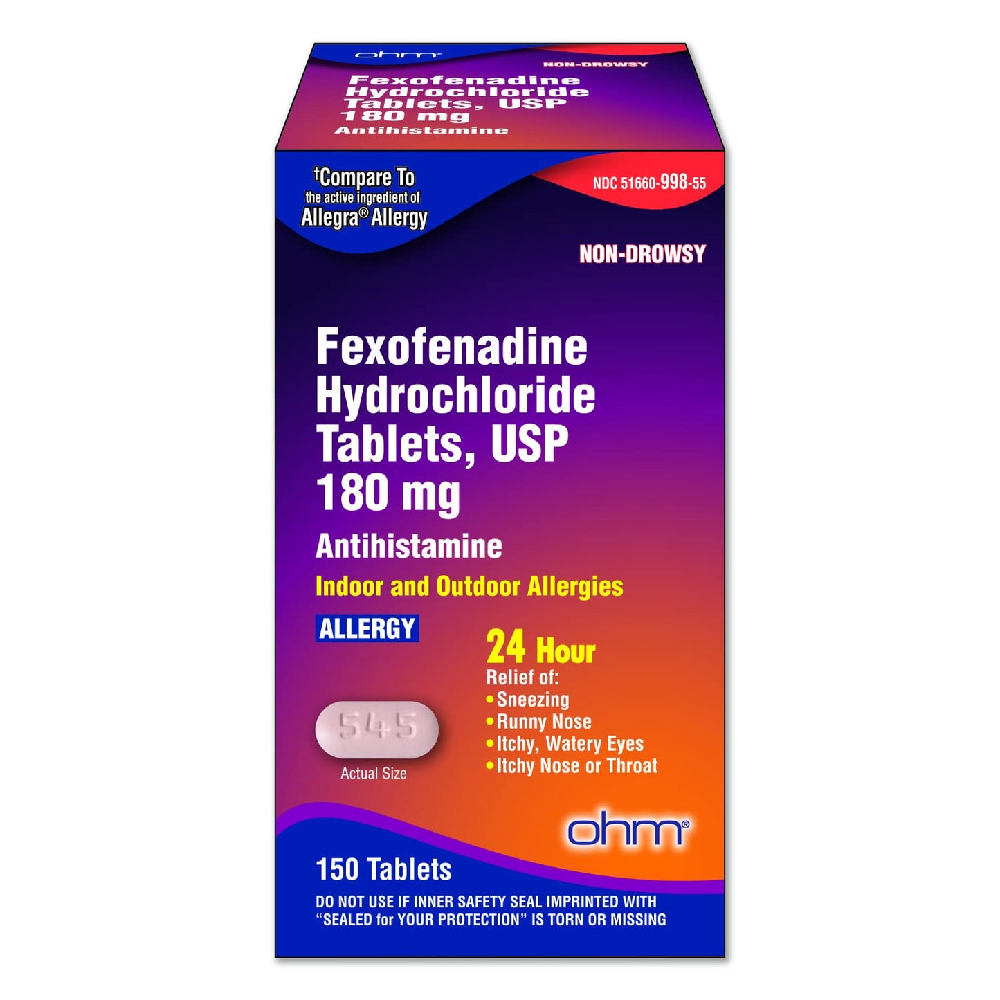 Ohm Allergy Medicine Fexofenadine 180mg – 150 Count | 24-Hour Non-Drowsy Indoor & Outdoor Allergy Relief