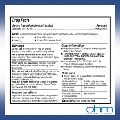 Ohm Allergy Pills Loratadine 10 mg – 24-Hour Non-Drowsy Allergy Relief (100 Count)
