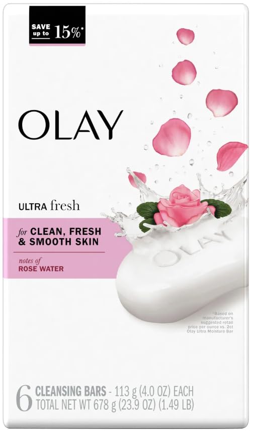 Olay Ultra Fresh Bath Bar with Rosewater — Clean, Fresh & Smooth Skin, 23.9 oz (678 g) Each, Six Bars
